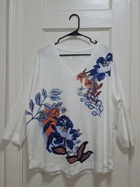 Chico's Women 2XL White Pima Cotton Floral V-Neck 3/4 Sleeve Top EUC